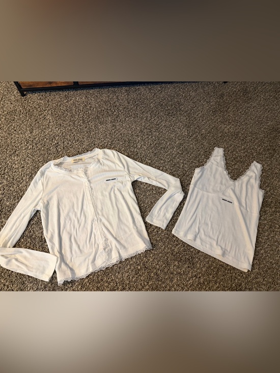 Miu Miu Tops - Miu Miu White Ribbed Lace-Trim Two-Piece Top Set